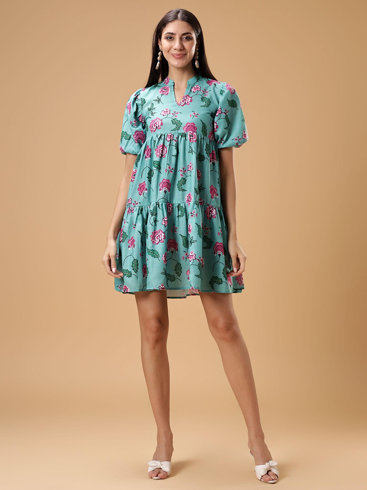 green puff sleeve flower print short dress