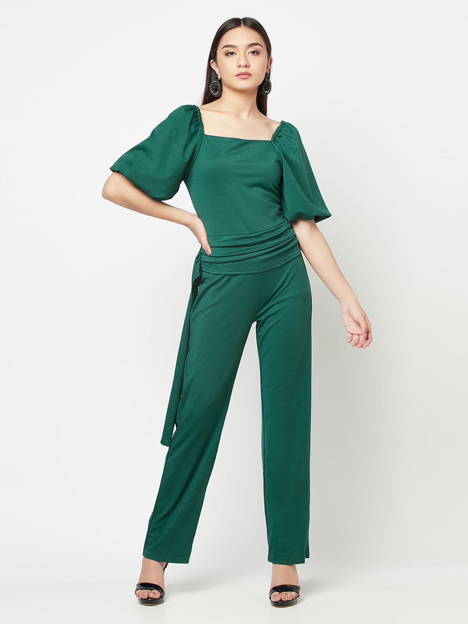 green puff sleeves wide leg waisted jumpsuit