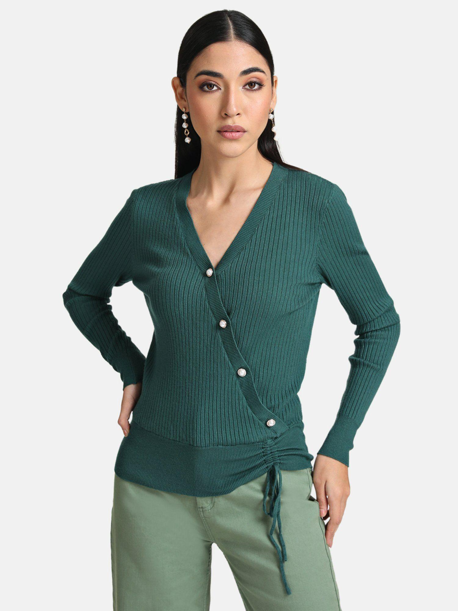 green pullover with ruching and assymetric placket