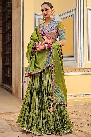 green pure banarasi spun silk lehenga set