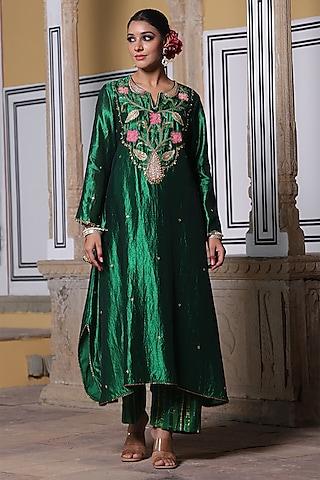 green pure banarasi spun silk resham embroidered kurta set