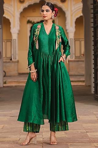green pure banarasi spun silk resham embroidered kurta set