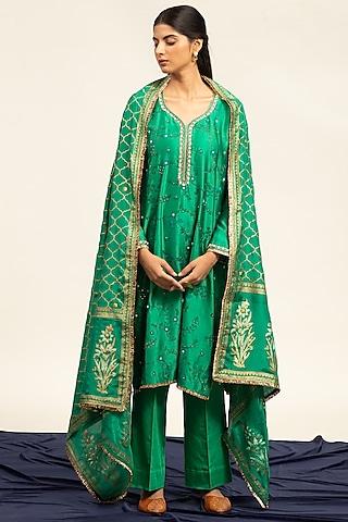 green pure chanderi machine & hand embroidered kurta set