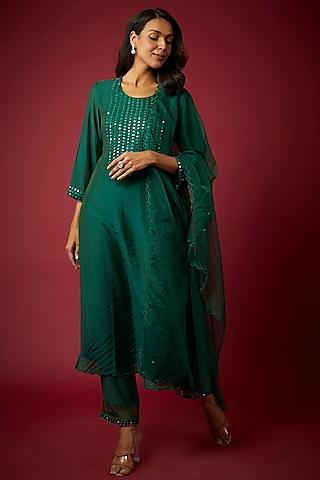 green pure chanderi machine embroidered kurta set