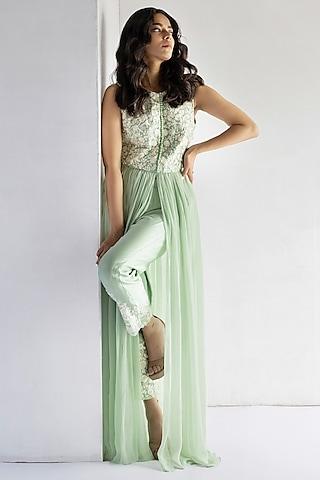 green pure chiffon thread embroidered tunic set