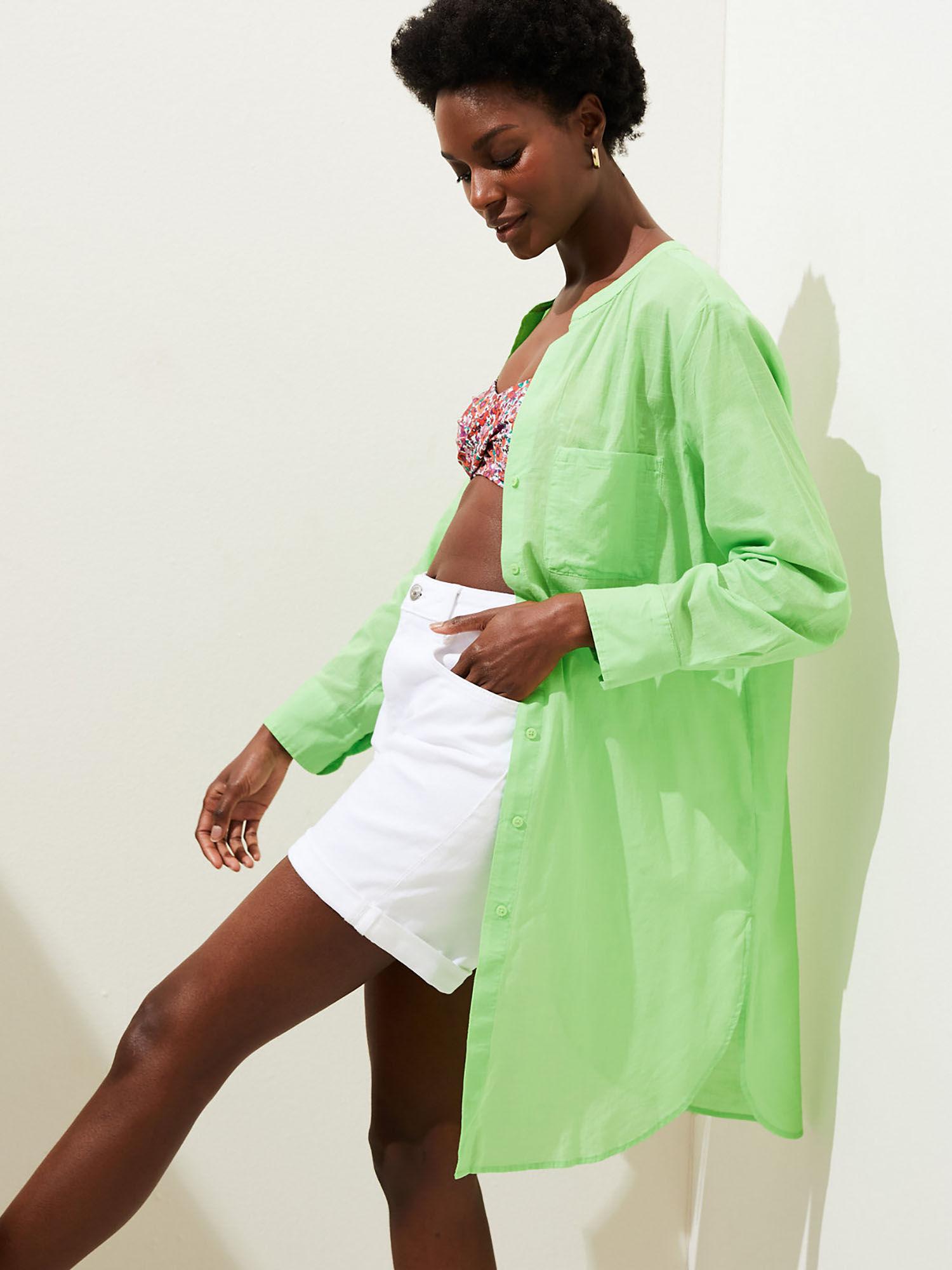 green pure cotton collarless beach cover up shirt