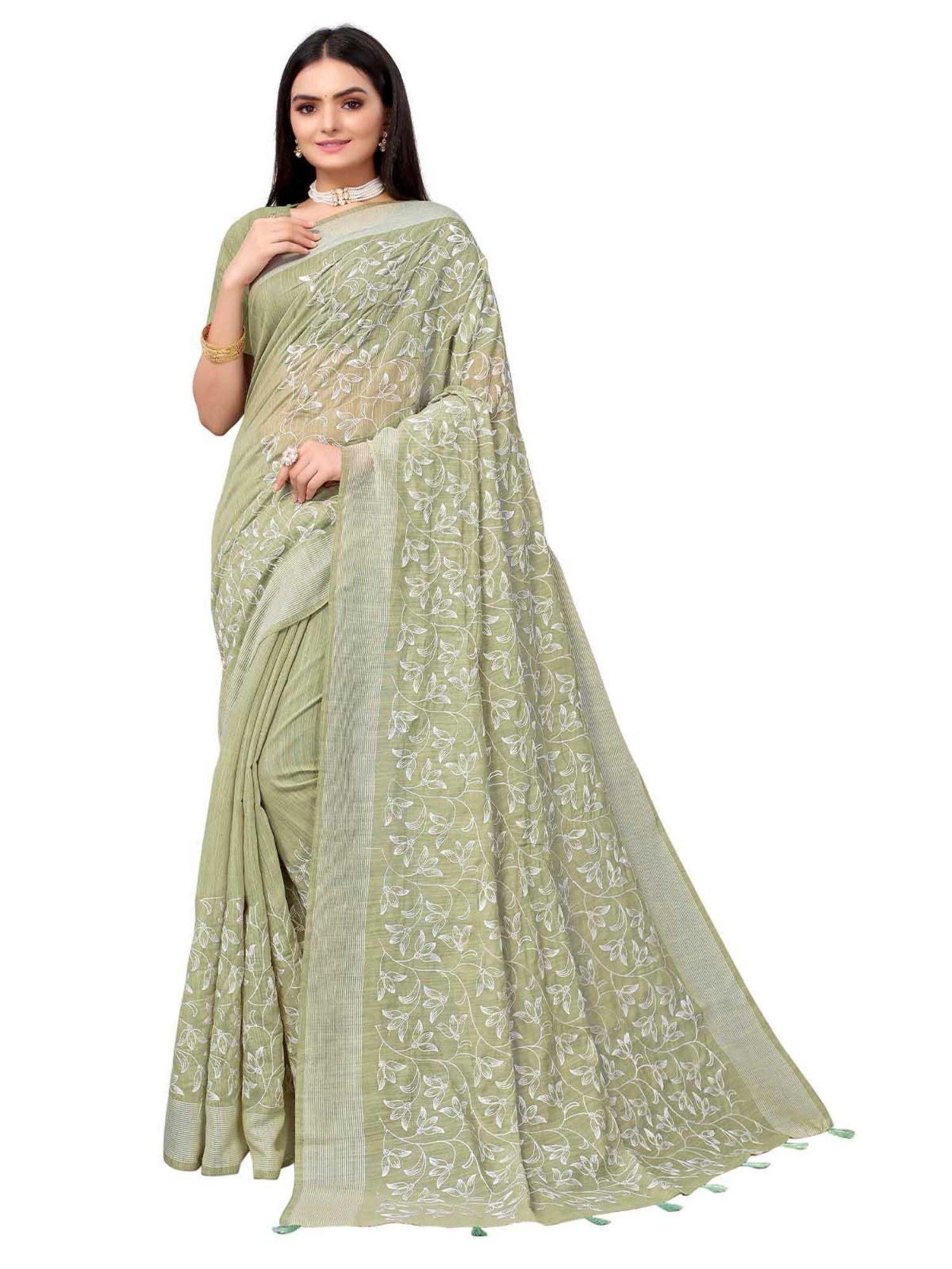 green pure cotton embroidered saree with unstitched blouse