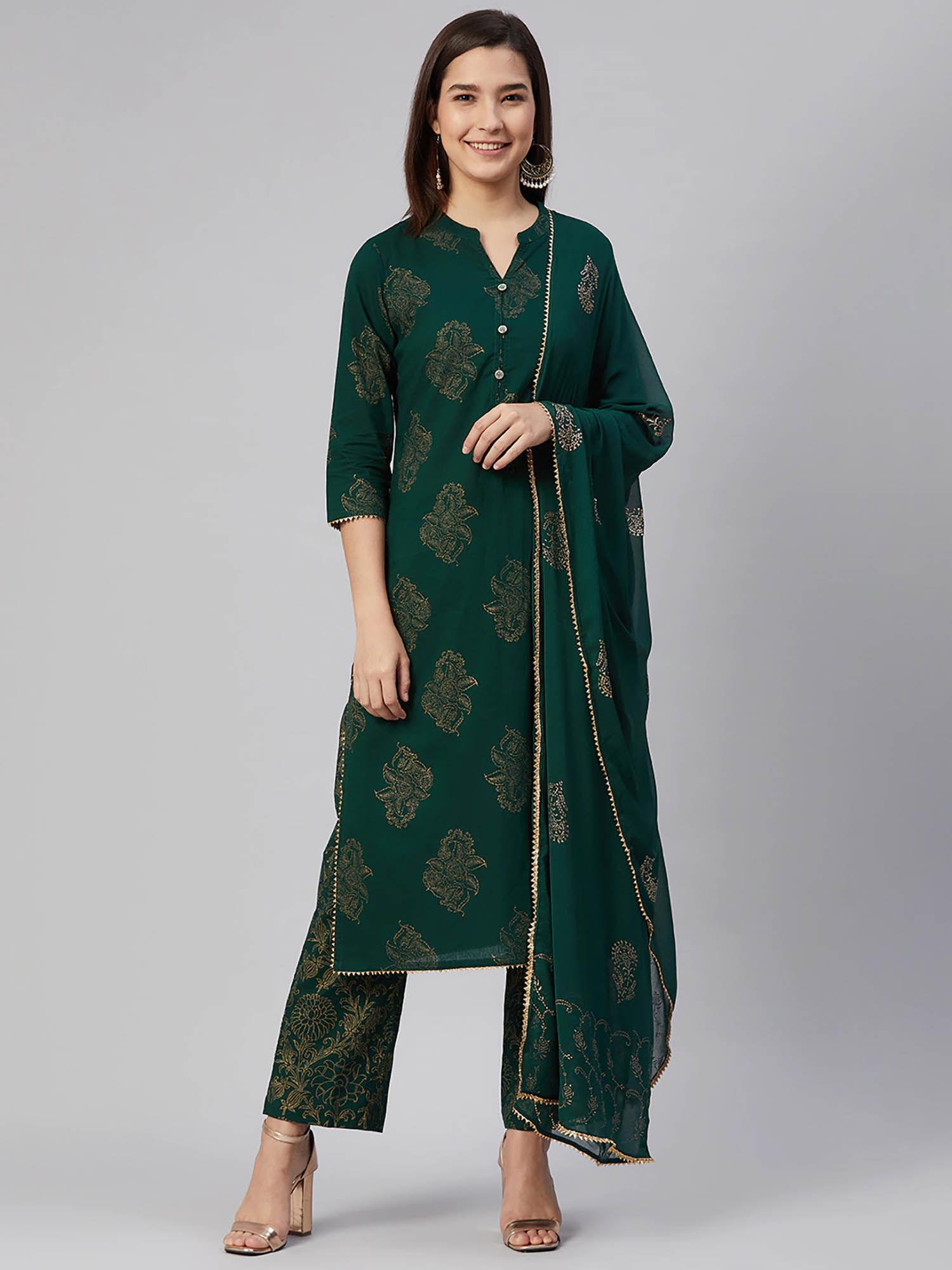 green pure cotton ethnic motifs printed straight kurta pants with dupatta (set of 3)