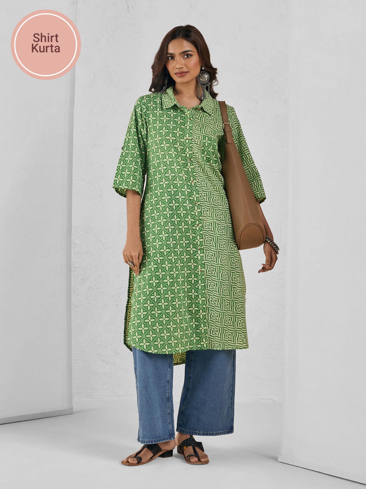 green pure cotton shirt collar front open panel printed straight kurta likeptu05