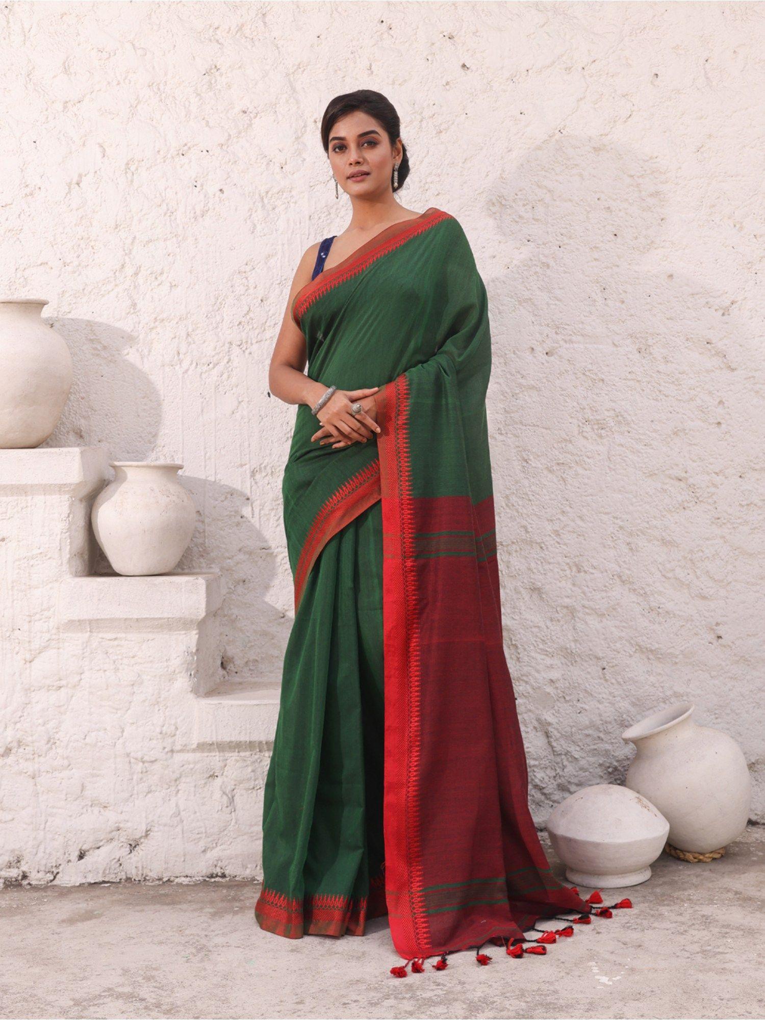 green pure cotton temple border saree with unstitched blouse