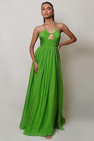 green pure flat chiffon pleated gown