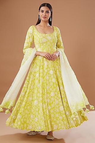 green pure georgette embellished anarkali set