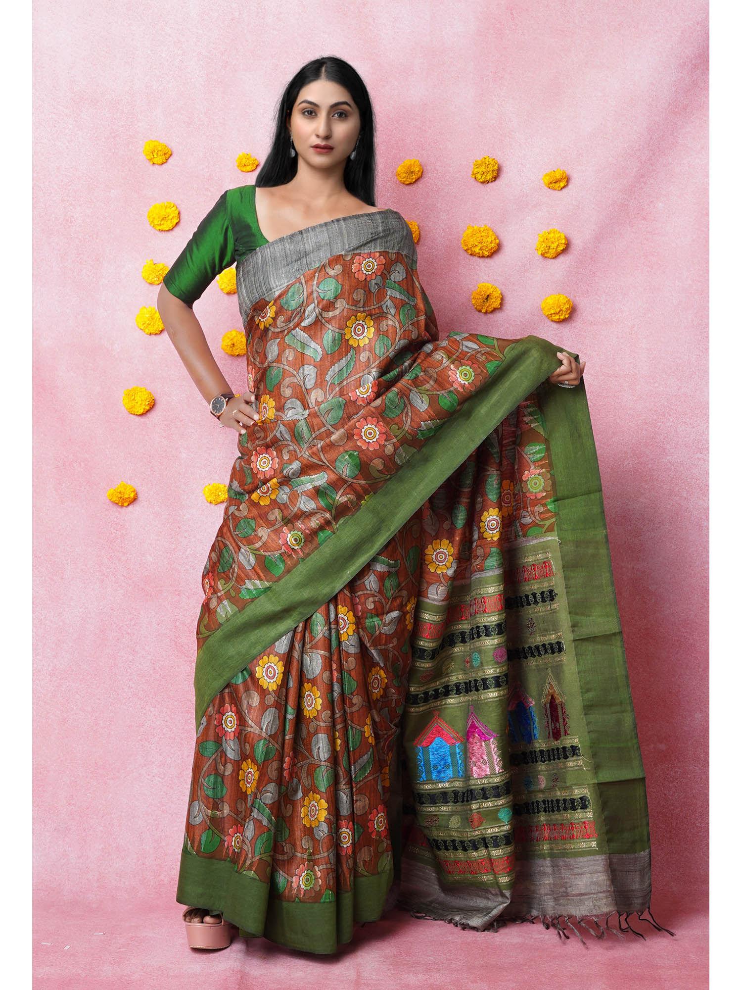 green pure handloom kalamkari printed tussar silk saree with unstitched blouse