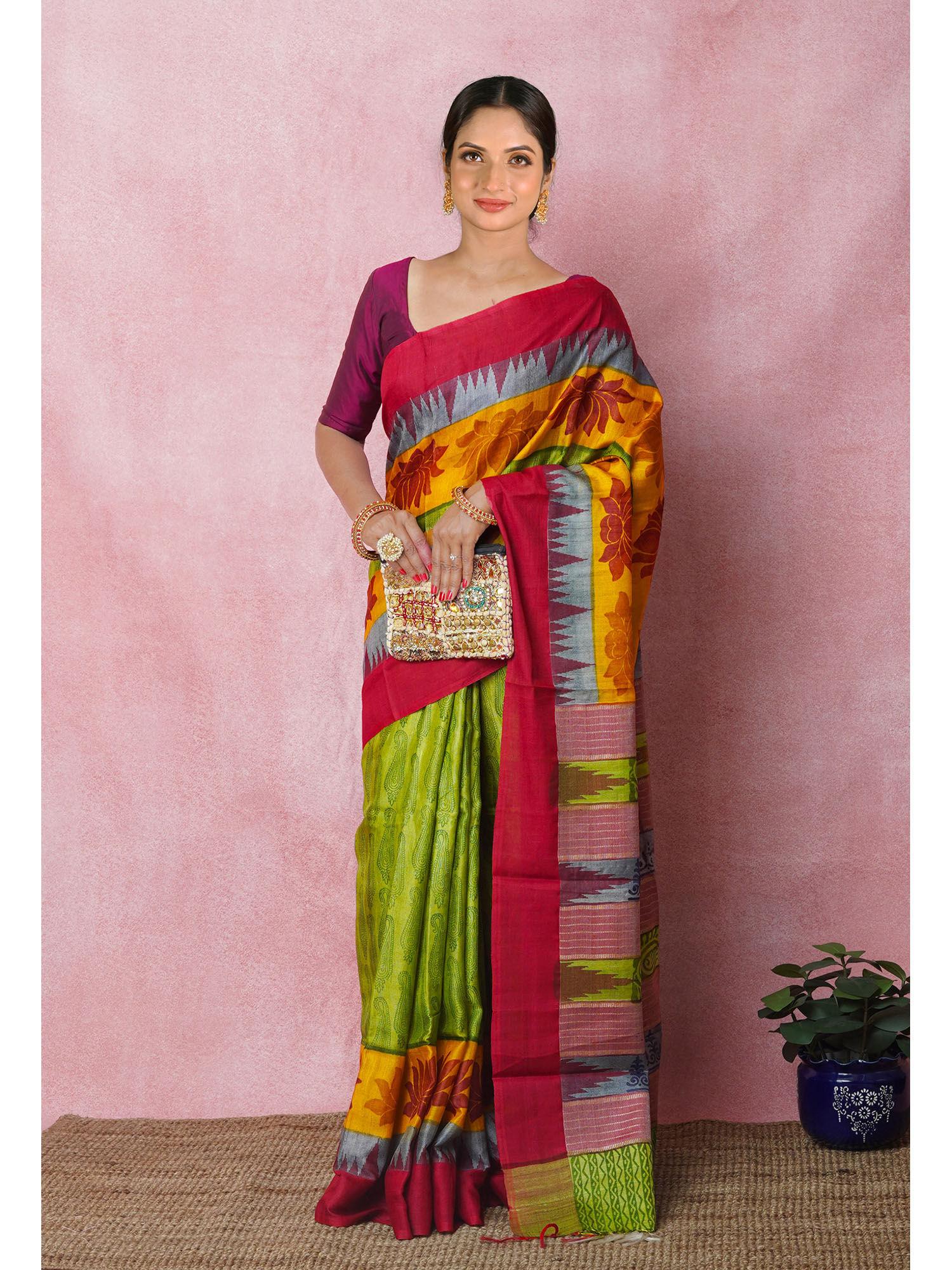 green pure handloom print- woven vidarbha tussar silk saree with unstitched blouse