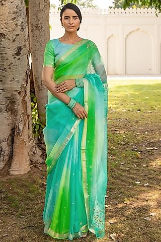 green pure kota silk mirror embellished saree set