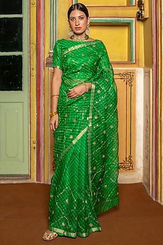 green pure kota silk motif embellished saree set