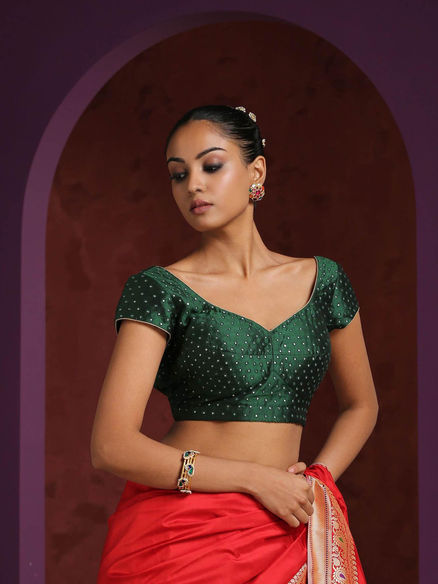 green pure silk blouse with pitta embroidery