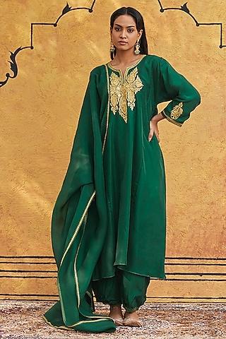 green pure silk hand embroidered kurta set