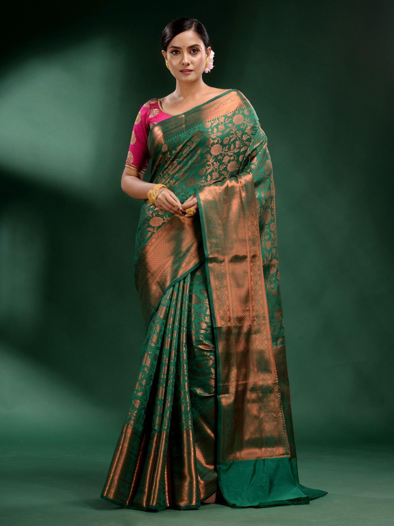 green pure silk handwoven soft saree with unstitched blouse