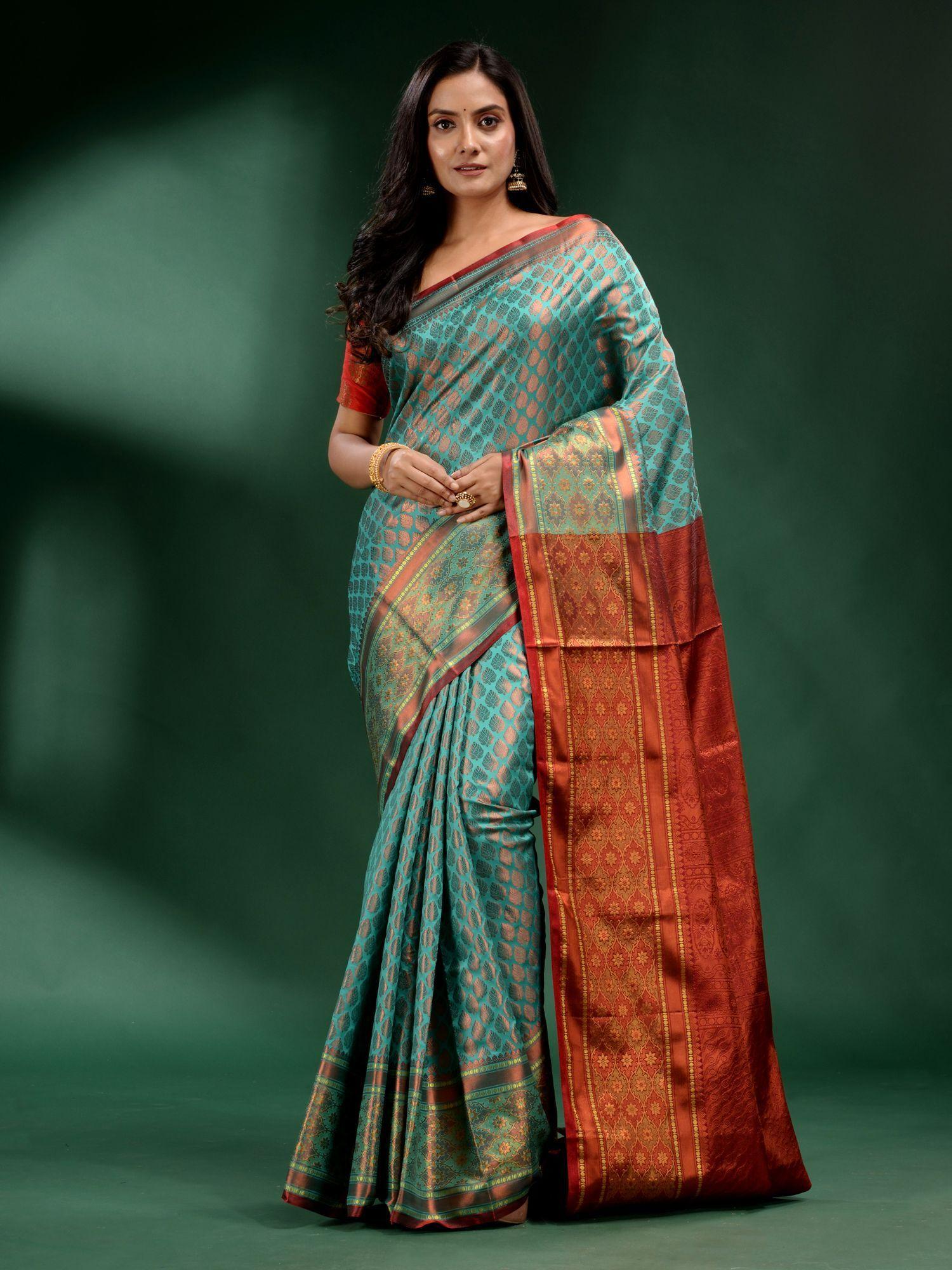 green pure silk handwoven soft saree with unstitched blouse