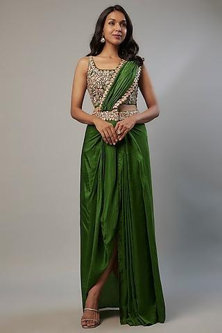green pure silk resham patch embroidered draped saree set