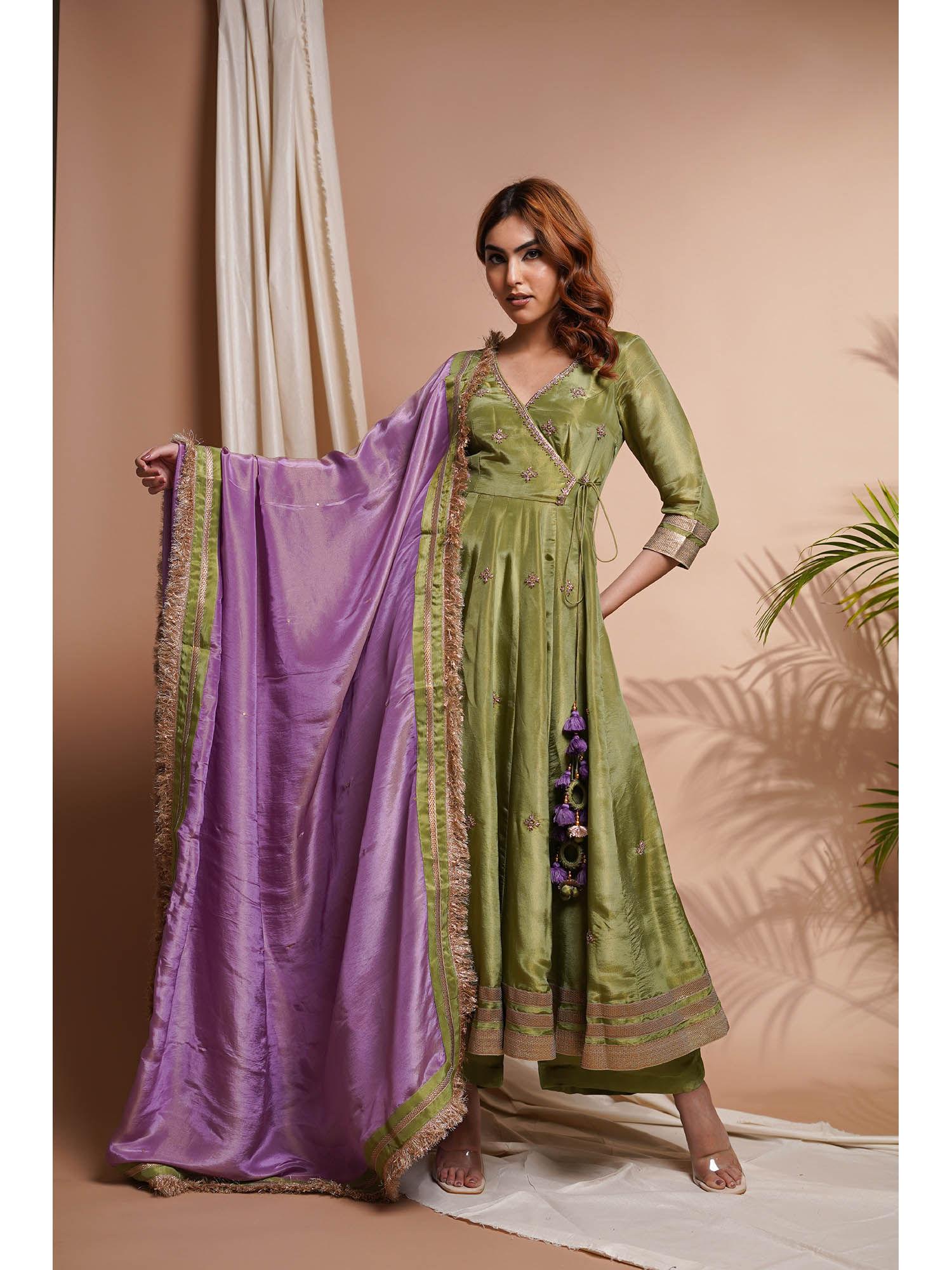 green purple tissue silk angrakha kurta with palazzo and dupatta (set of 3)