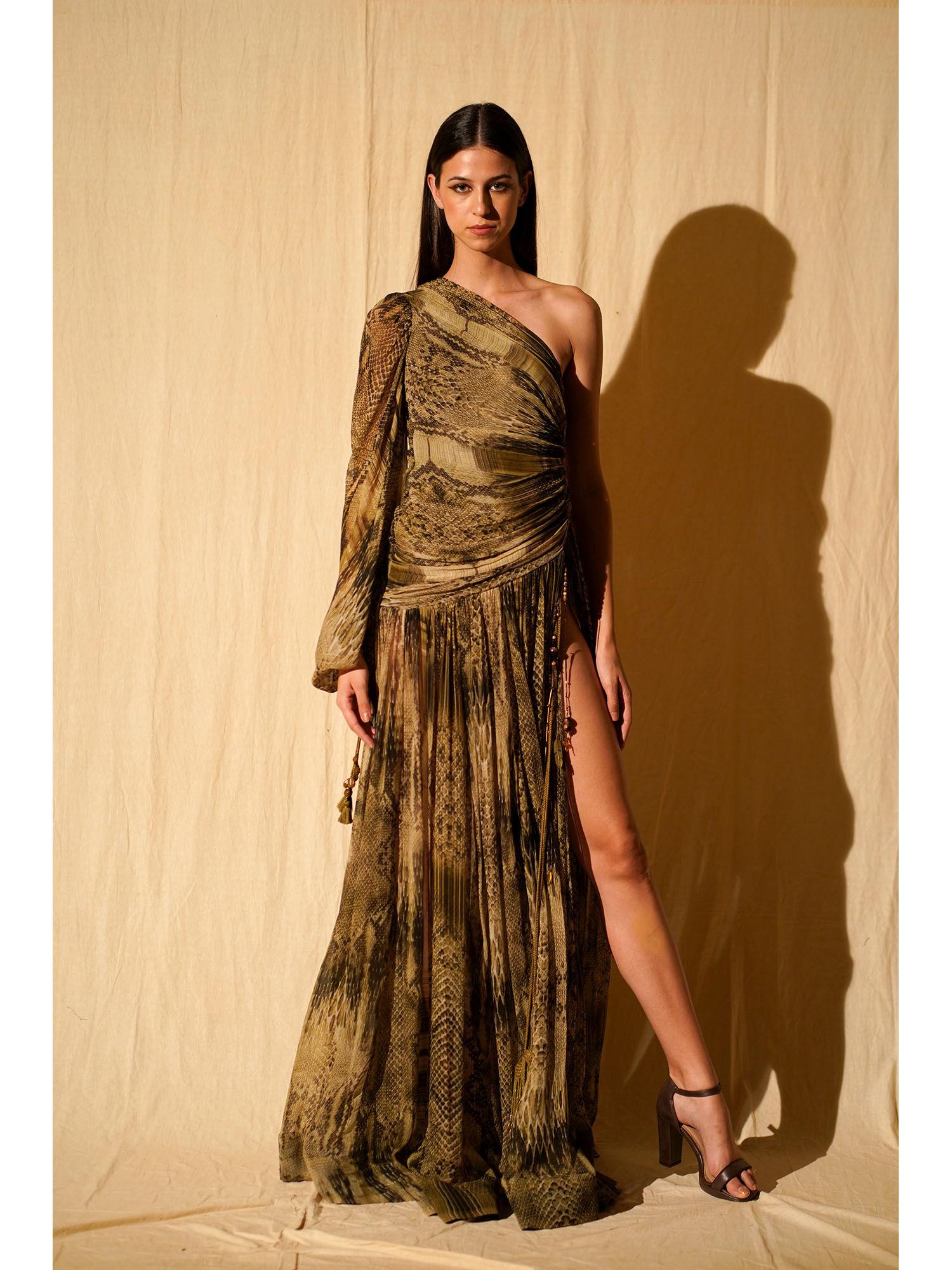 green python print one shoulder dress with high slit