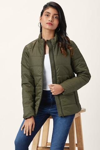 green quilted casual full sleeves high neck women regular fit jacket