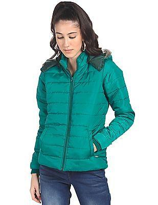 green quilted zip front hooded jacket