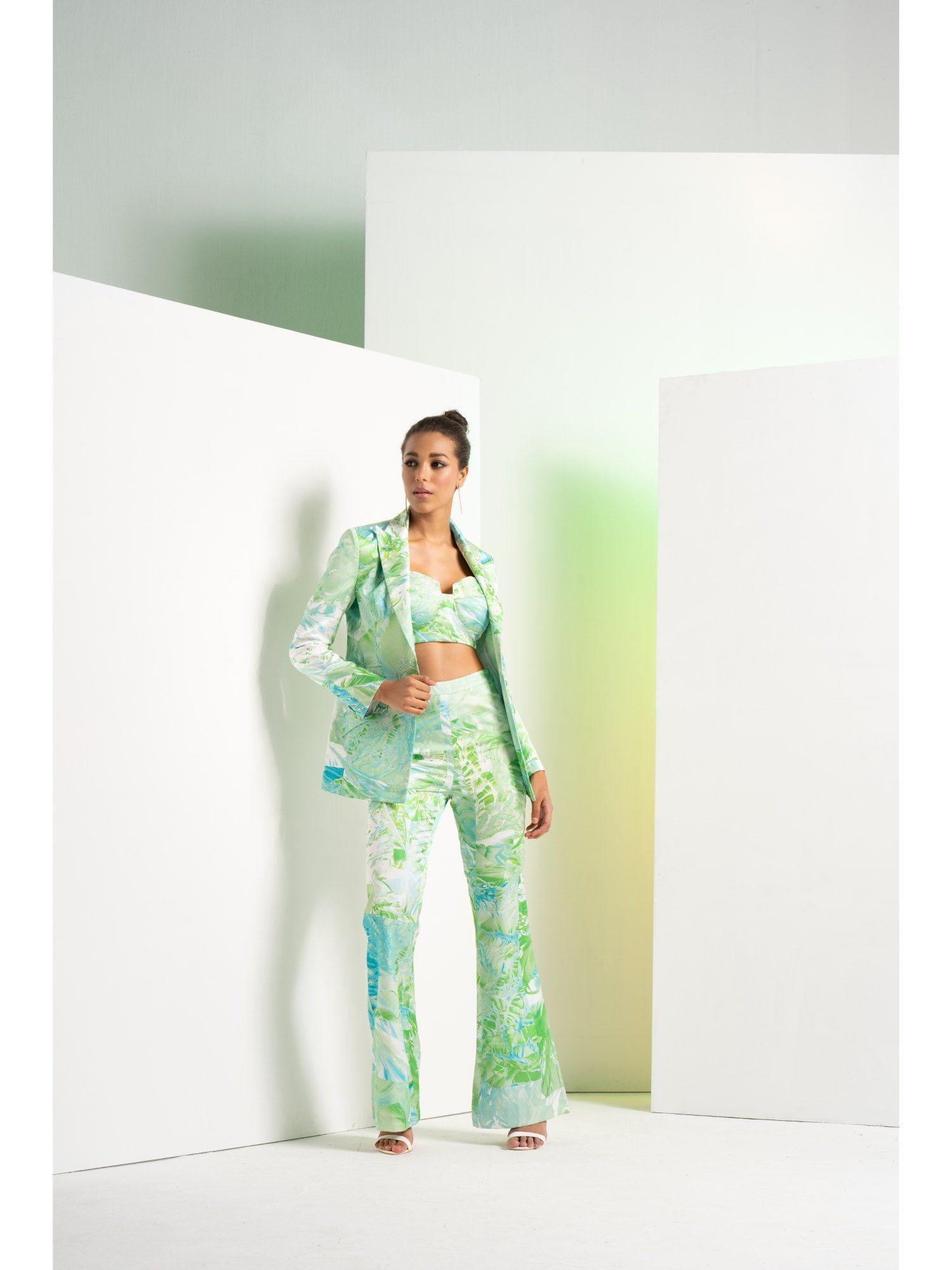 green raw crystal jacket with pant & bustier (set of 3)