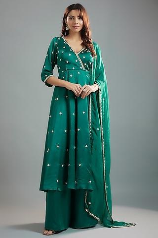 green raw satin boota embroidered overlap kalidar anarkali set