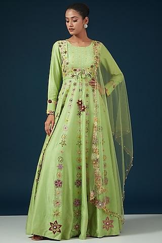 green raw silk embroidered anarkali set