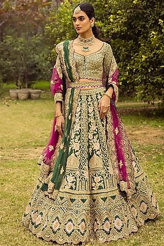 green raw silk embroidered lehenga set