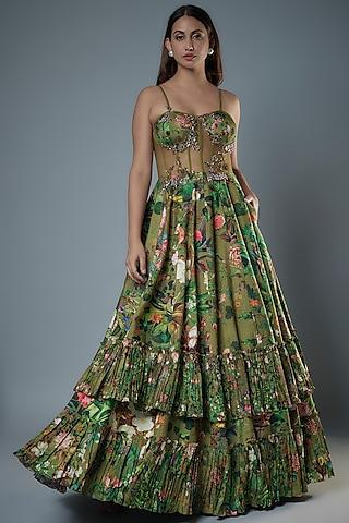 green raw silk floral printed & embroidered corset gown
