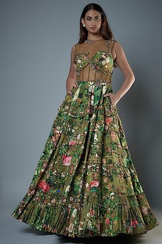 green raw silk floral printed & embroidered corset gown