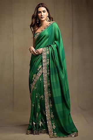 green raw silk foil embellished saree set