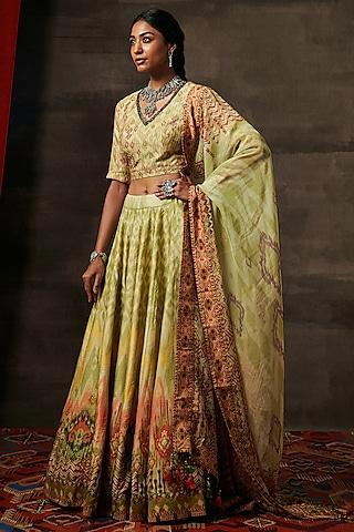 green raw silk printed kalidar lehenga set