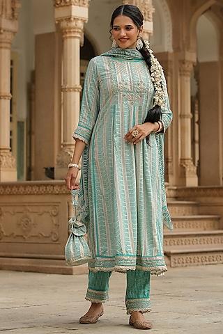 green rayon bandhani printed & embroidered anarkali set