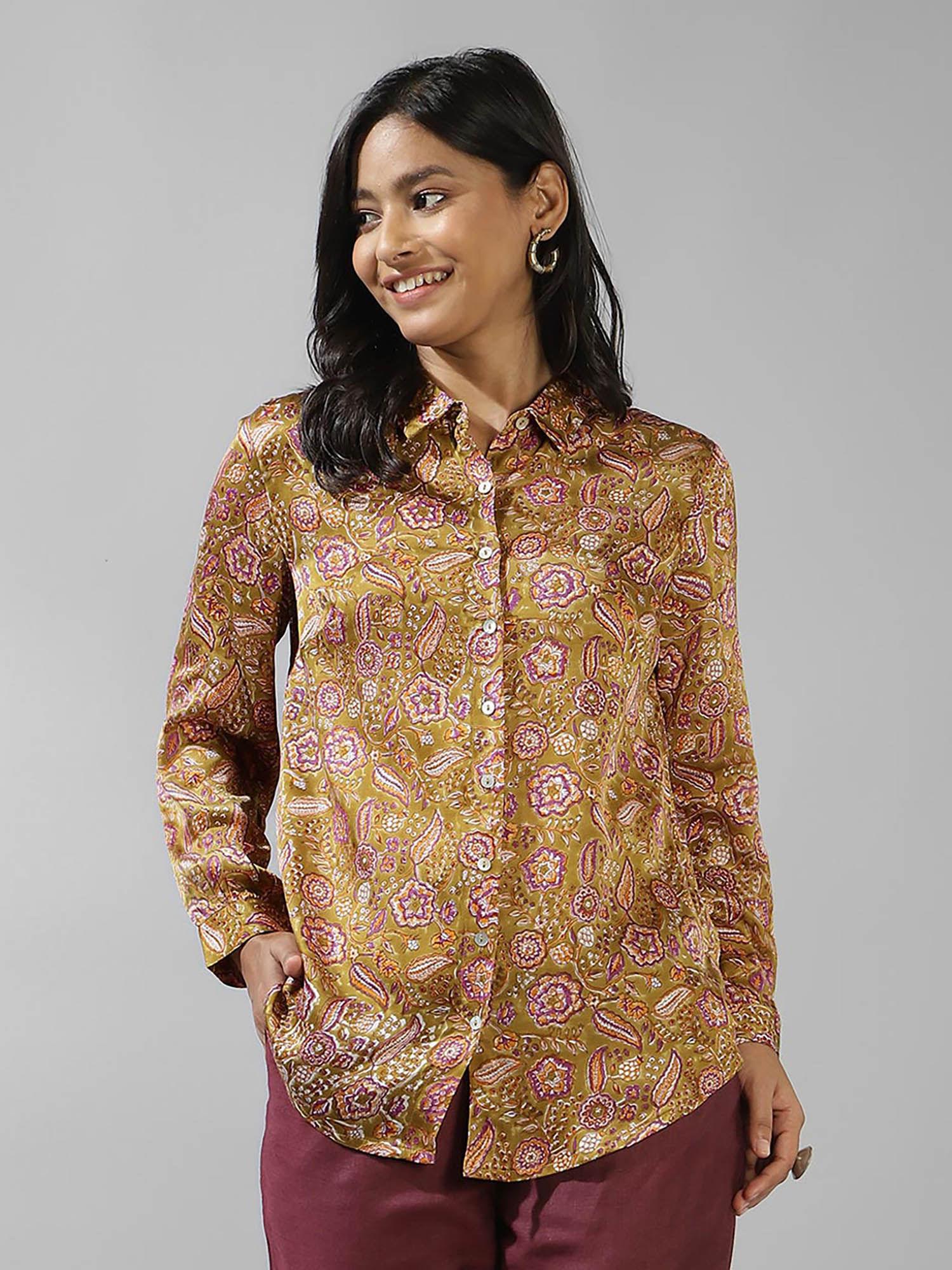 green rayon blend hand block printed shirt