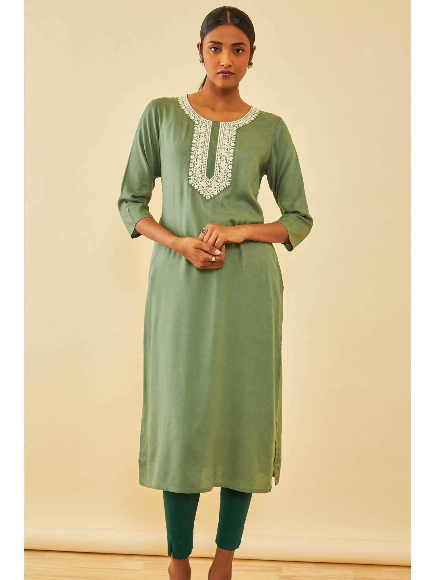 green rayon embroidered kurta