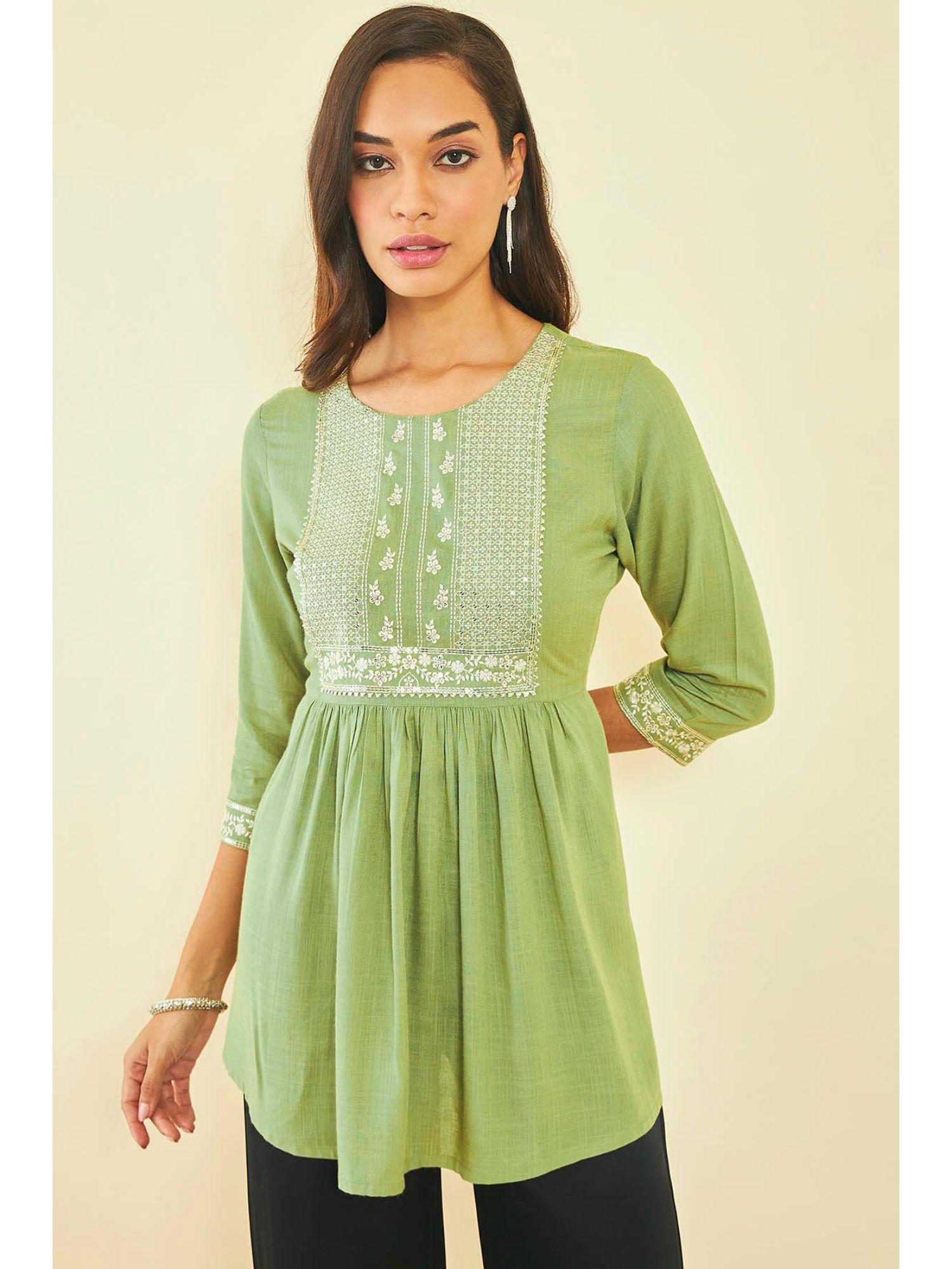 green rayon floral print tunic