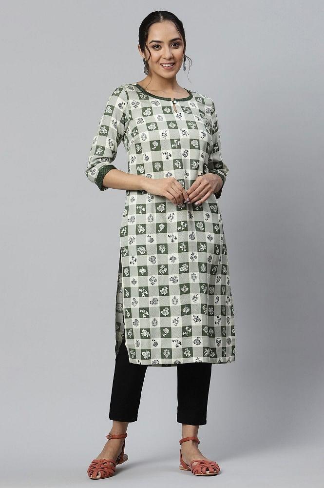 green rayon floral printed ethnic kurta