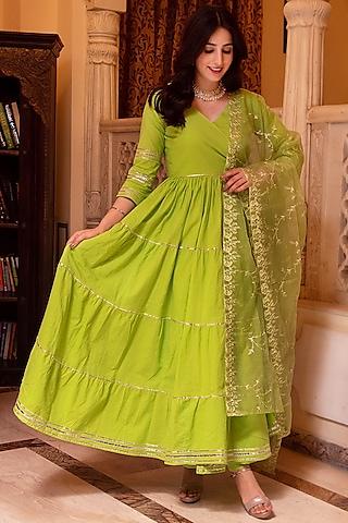 green rayon gota patti embroidered anarkali set