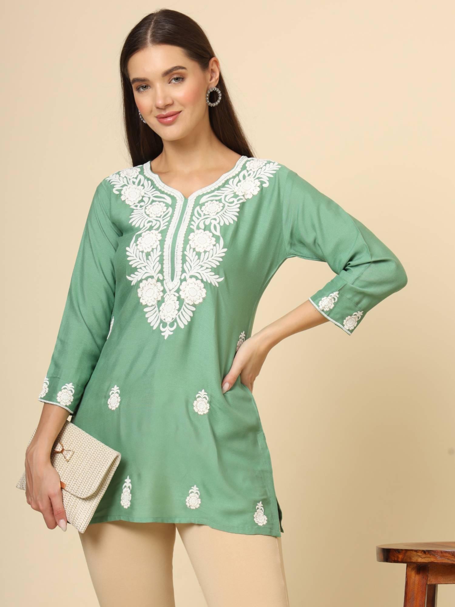 green rayon lucknowi chickankari work kurti