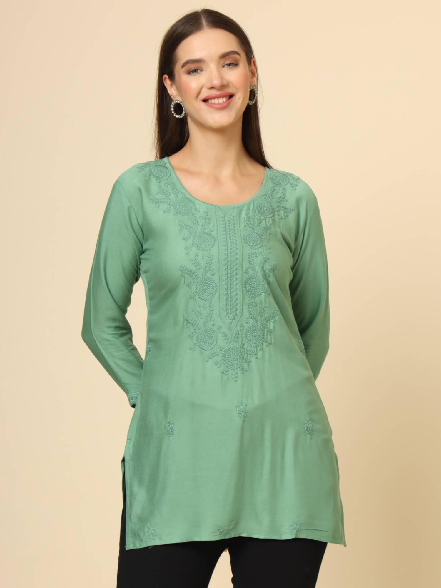 green rayon lucknowi chickankari work kurti