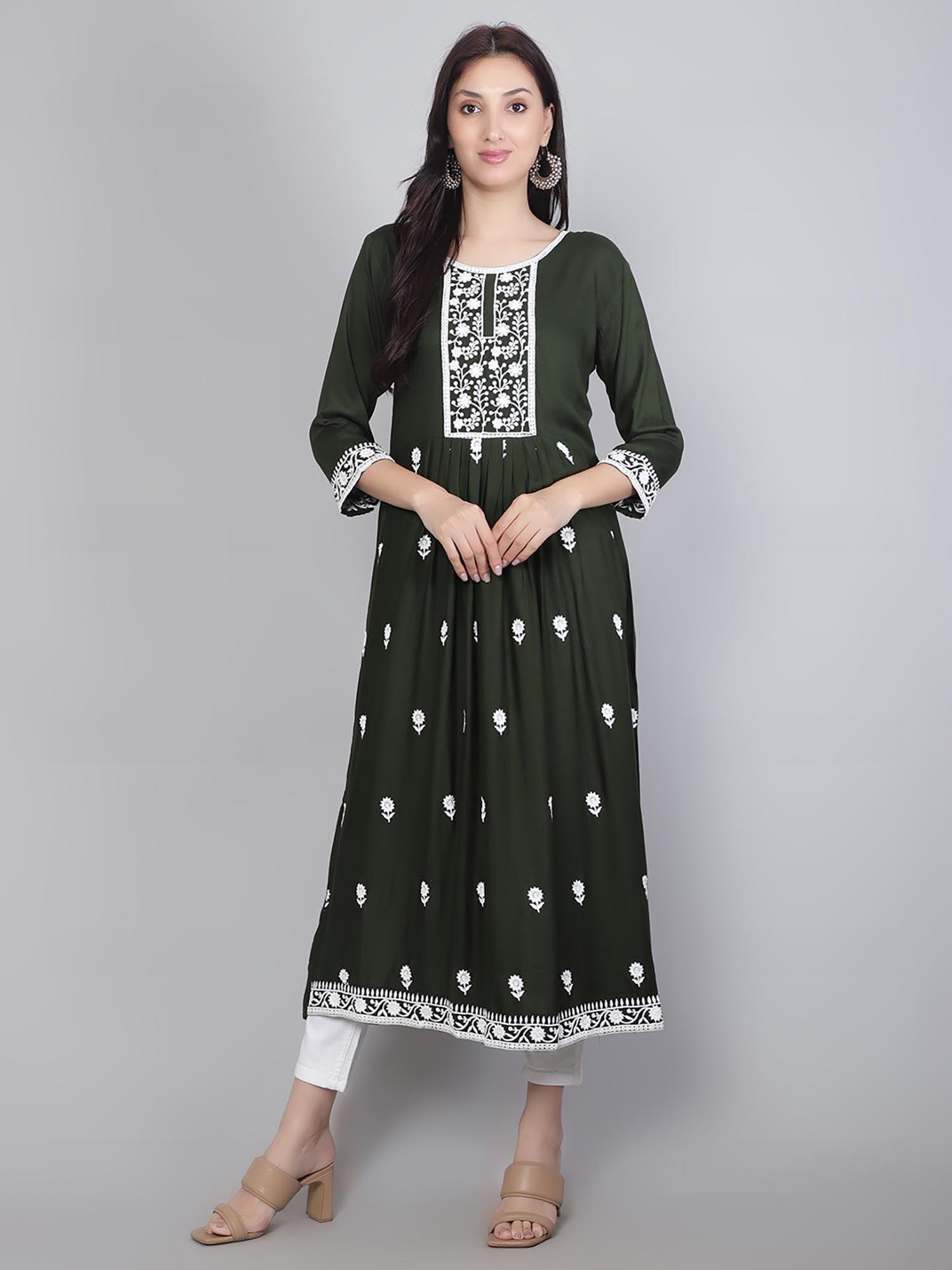 green rayon lucknowi chikankari work round kurta