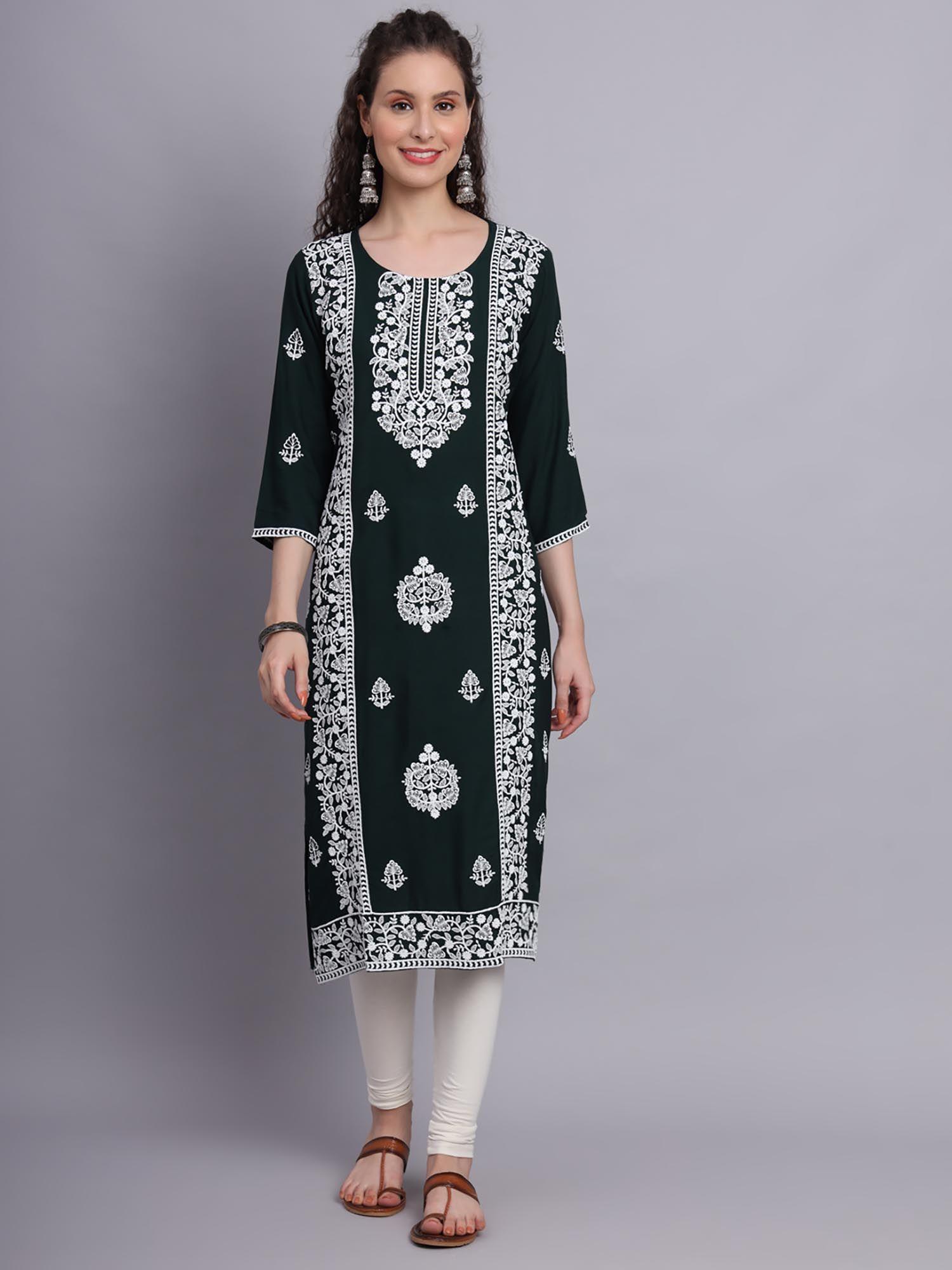 green rayon lucknowi chikankari work straigh kurta