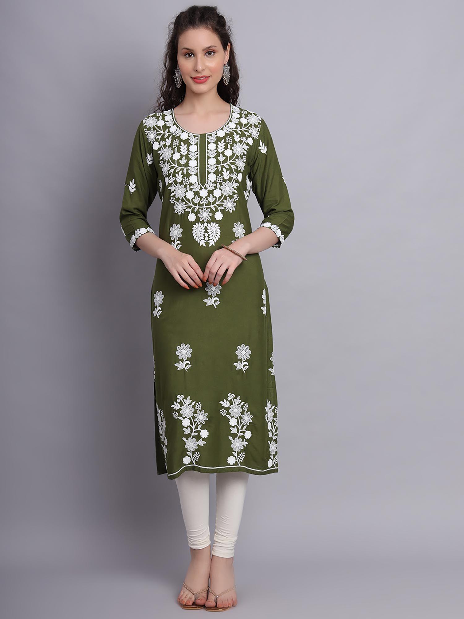 green rayon lucknowi chikankari work straigh kurta