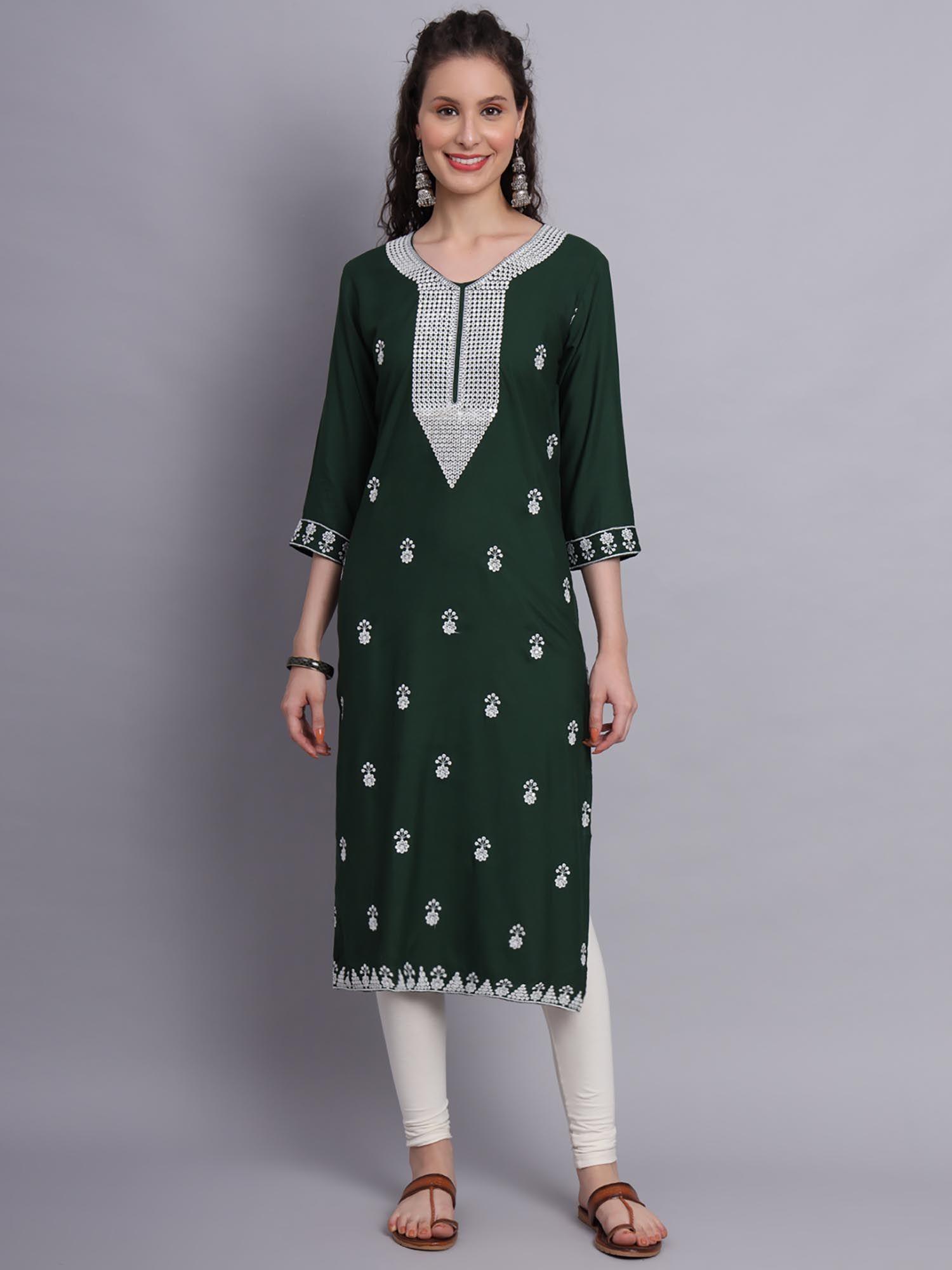 green rayon lucknowi chikankari work straigh kurta