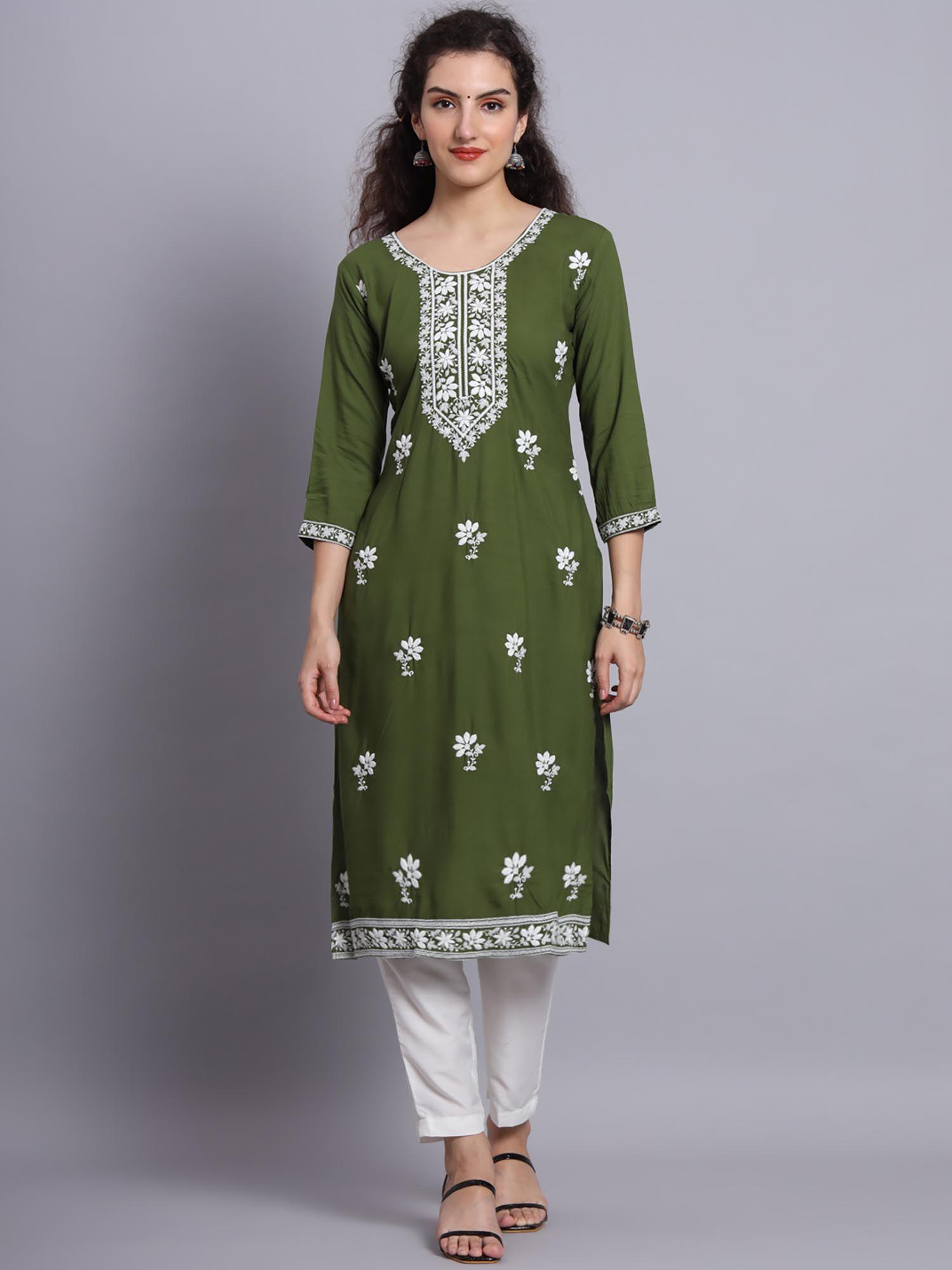 green rayon lucknowi chikankari work straight kurta